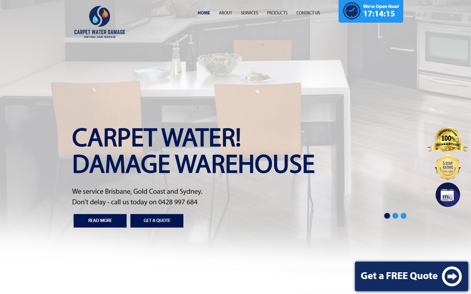 Carpet Water Damage Warehouse homepage, restored and live