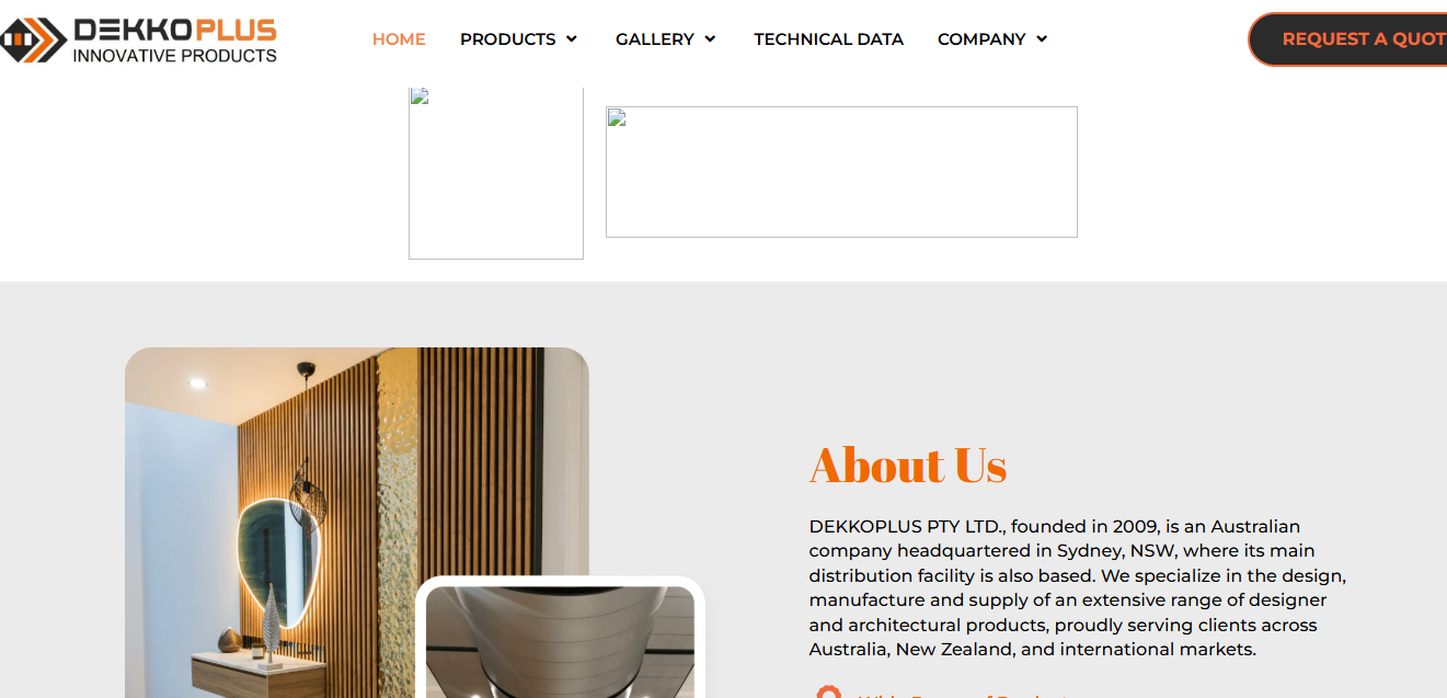 DekkoPlus homepage before the restore, with two brand badge images rendering as empty broken-image boxes
