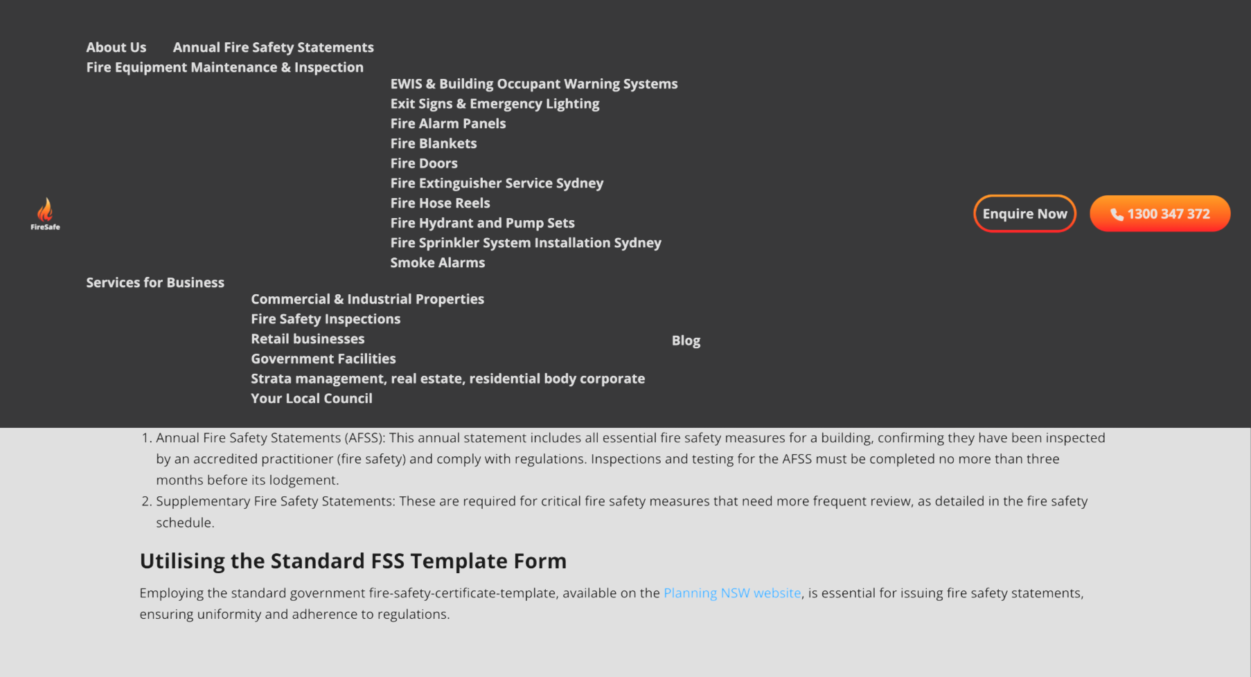 FireSafe page before the purge, with the navigation menu fully expanded over the collapsed layout